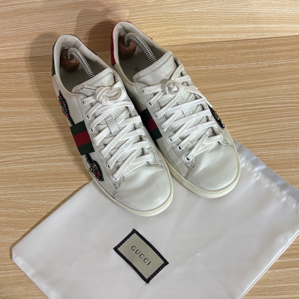 Gucci Ace Crystal Arrow Sneakers White Leather Sz 38 US 8